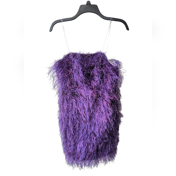 Double Crazy Chic Clear Straps Purple Fuzzy Metallic Faux Feather Mini Dress M - Picture 1 of 11